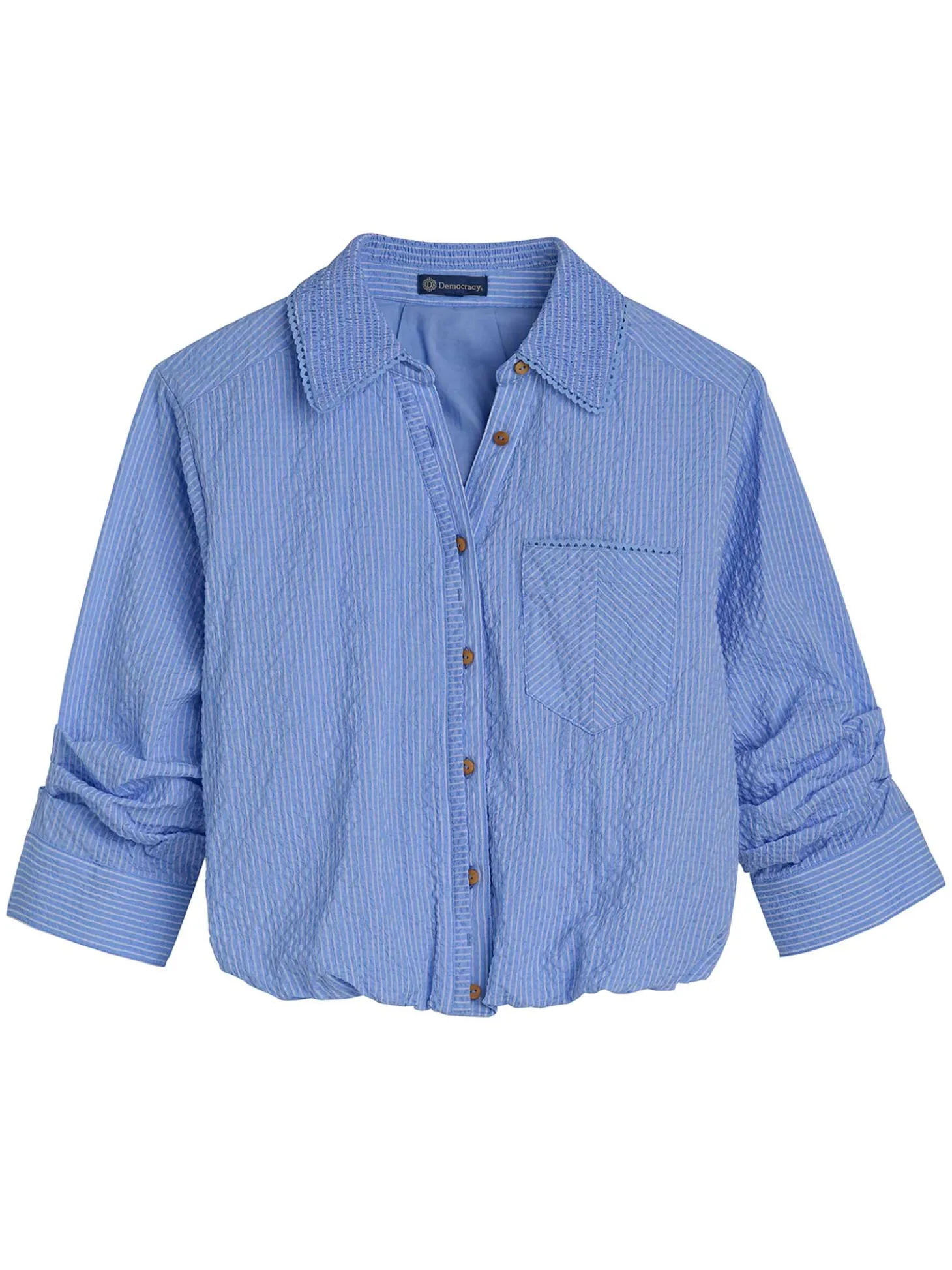 Tucked Sleeve Smocked Button Down Bubble Hem Splice Stripe Woven Shirt