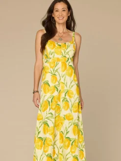 V-Neck Smocked Midi Lemon Printed Woven Tank Dress with Pockets