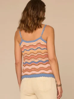 V-Neck Wavy Stripe Mix Stitch Scallop Trim Petite Sweater Tank Top