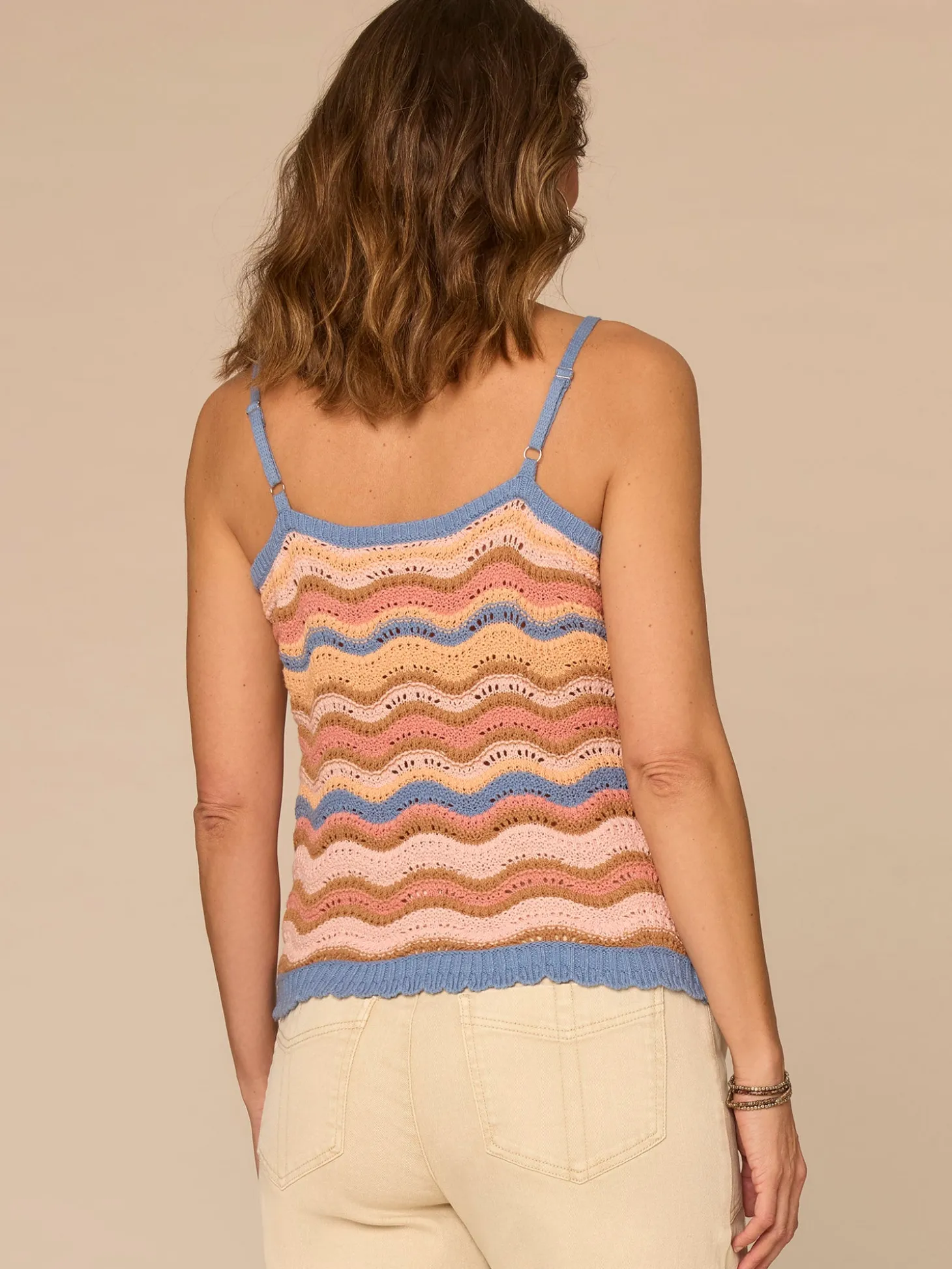 V-Neck Wavy Stripe Mix Stitch Scallop Trim Sweater Tank Top