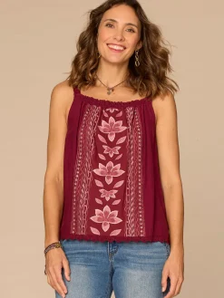 Wide Crochet Strap Ruched Square Neck Embroidered Woven Tank Top